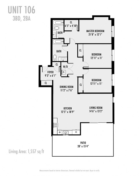 A black and white diagram of a 3 bedroom, 2 bathroom apartment layout.